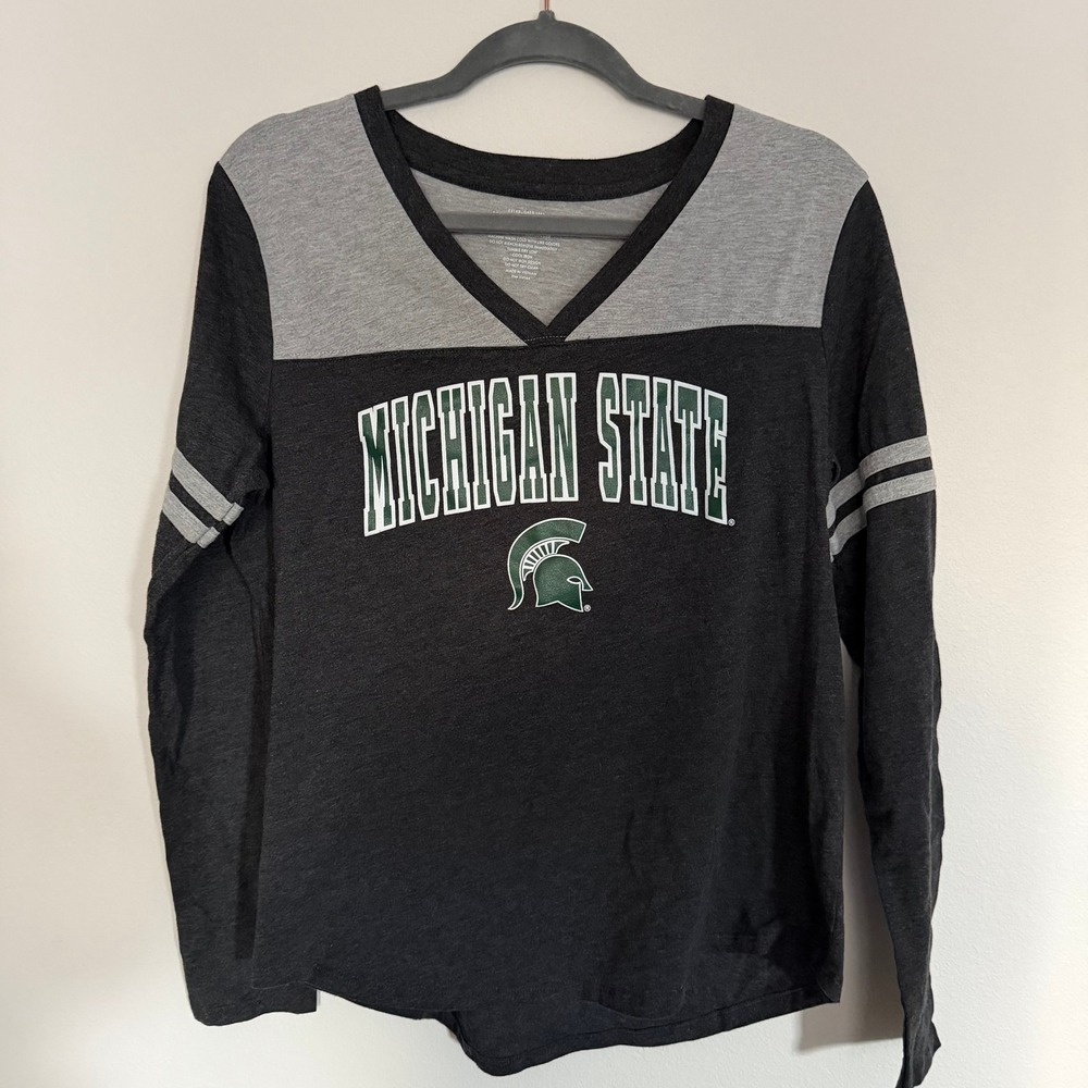 Michigan‎ State Spartans Womens Large V-Neck Long Sleeve Colorblock T-Shirt Gray